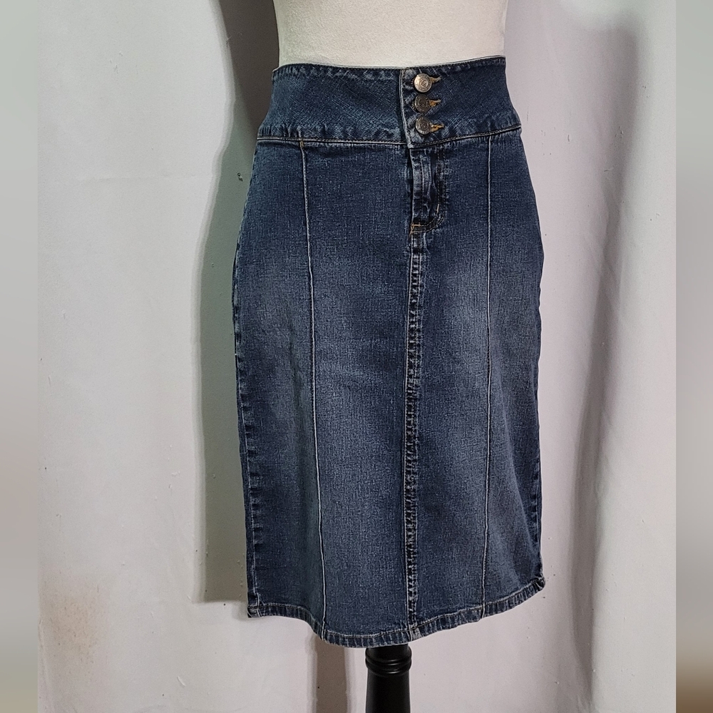 Paris Blue Juniors Medium Wash High Waisted Knee Length Denim Skirt Size 5 🐈 - Picture 2 of 10